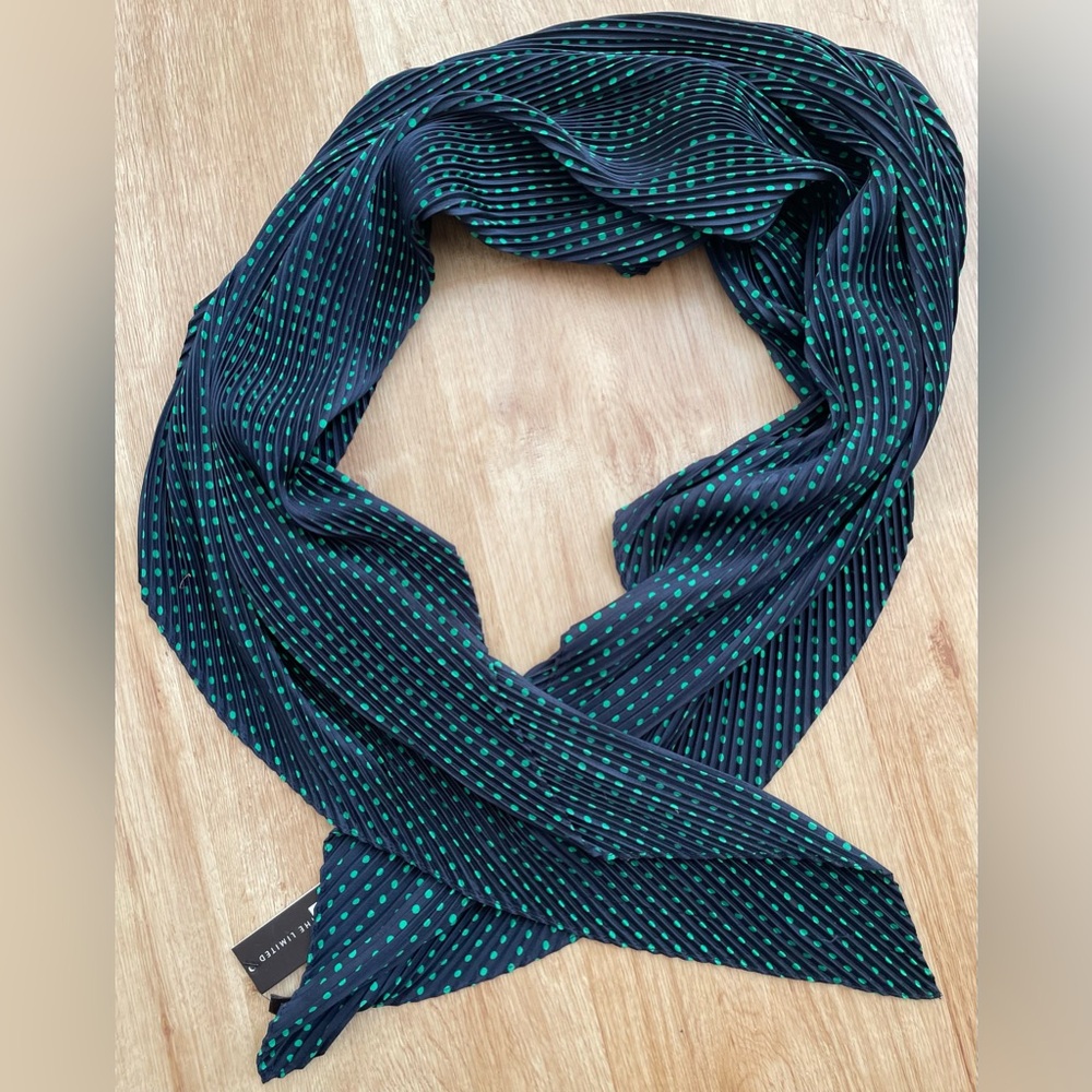 New Limited large square pleated scarf wrap navy blue green polka dots NWT